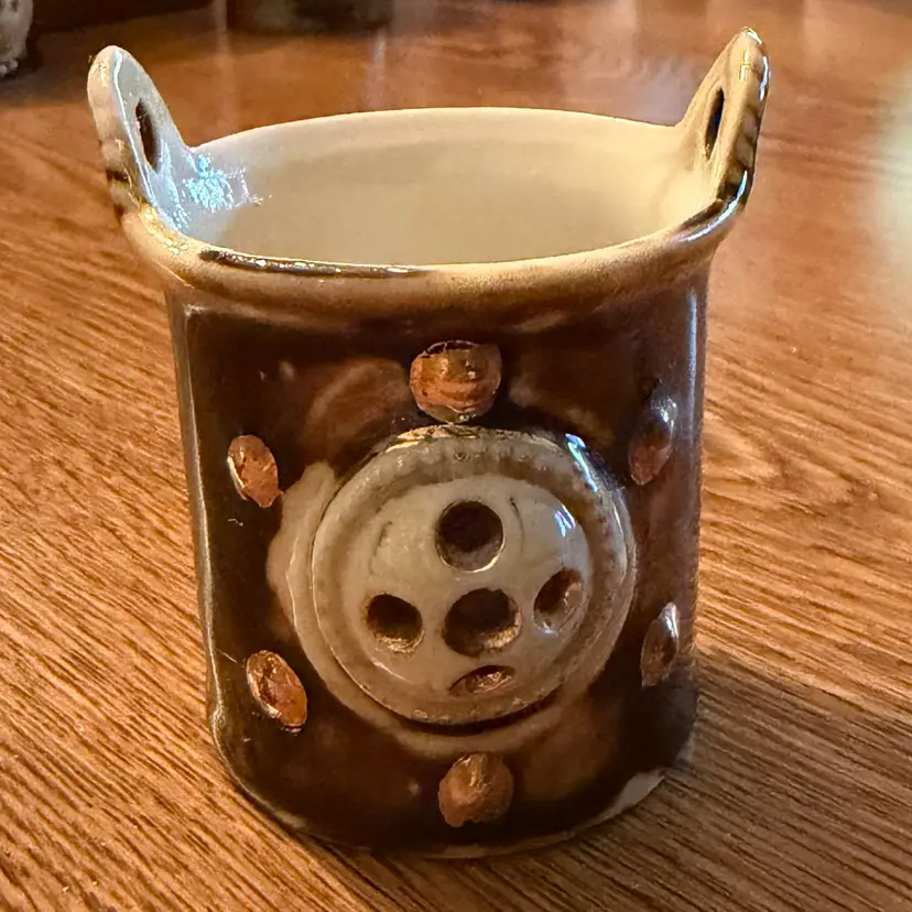 Antique, ceramic toothpick holder, bucket, brown glaze, gold accents