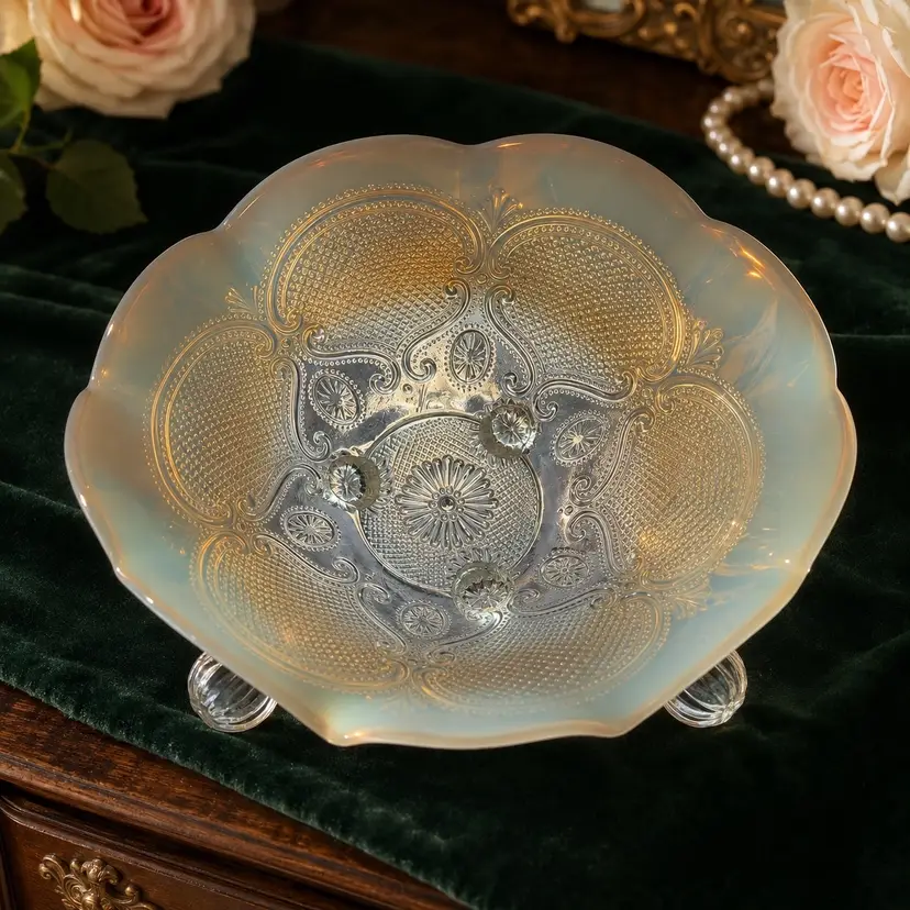 Antique Northwood Lattice Medallions White Opalescent 3-Toed Ruffled Bowl c1905