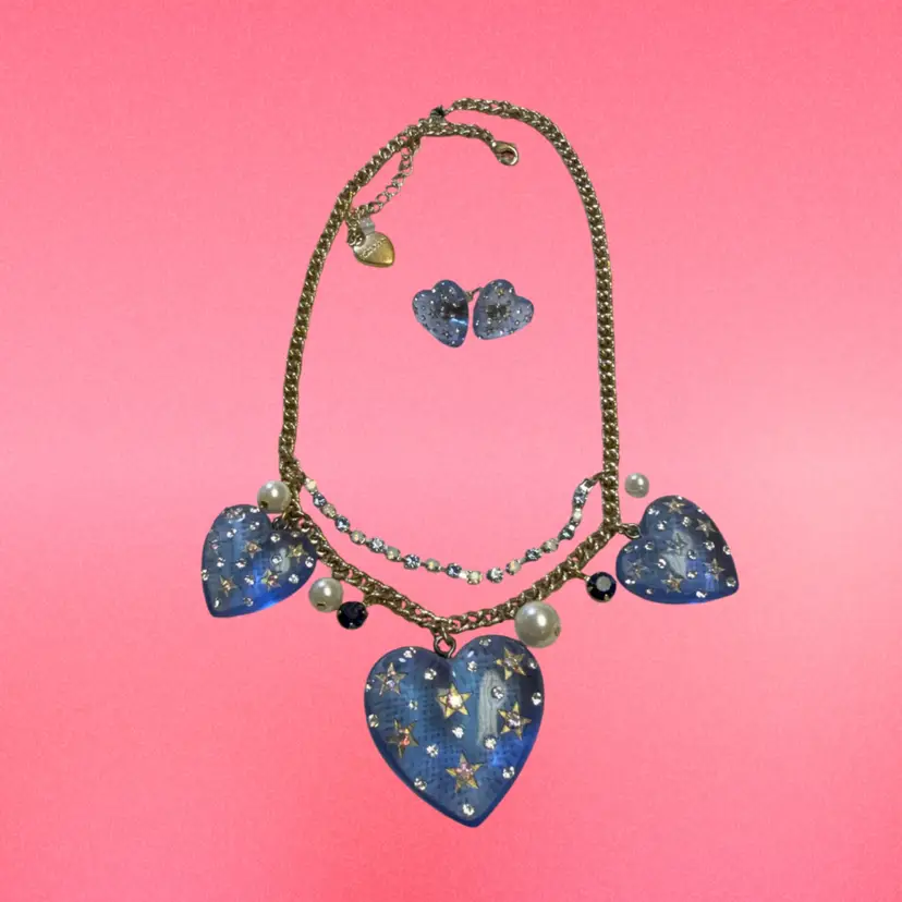 Betsey Johnson Rare “Heavens To Betsey” Blue Lucite Heart Necklace & Earrings With AB Crystal Accents, Blue Rhinestone & Fax Pear Accents.  Goldtone Chain, 16” With Additional 2.5” Extender