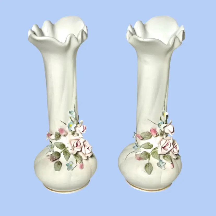 #423- Vintage Lefton Bud Vase Pair Applied Pink Blue Roses Flowers #829 Japan Bisque Porcelain Bisque