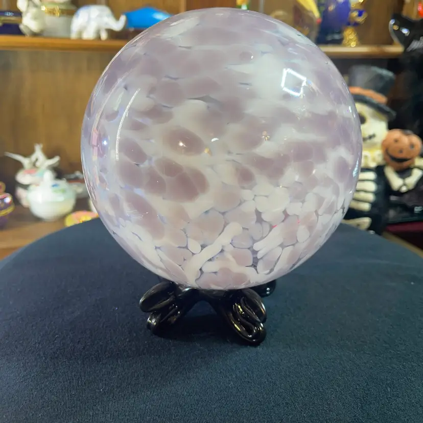 48-Crystal Ball Purple With Black Stand All Glass 6.75 Inches Tall