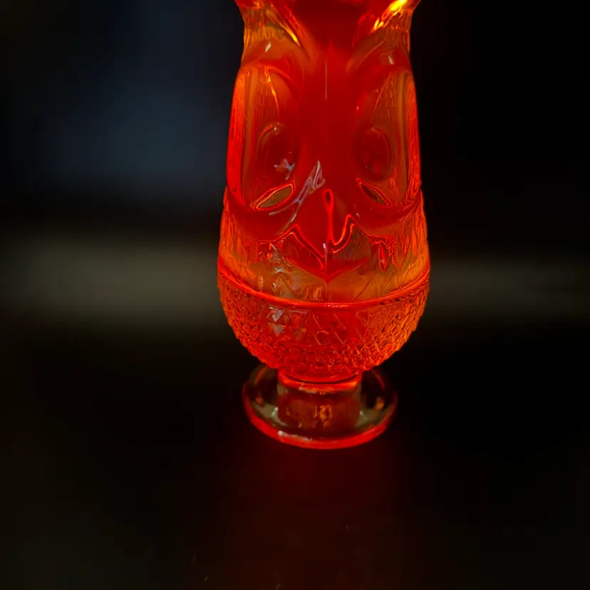 Viking Vintage Glass 2Pc. Persimmon Orange Owl Fairy Lamp/Glows Under UV Light