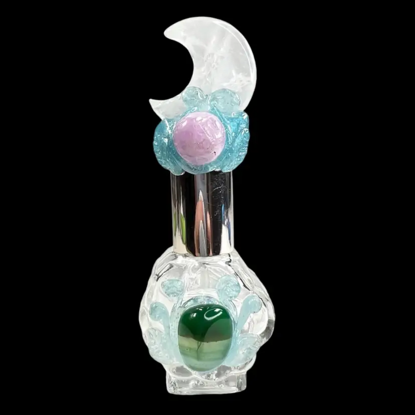 Quartz Crystal Moon & Rock Tumbles Gemstone 4” Miniature Perfume or Essential Oil Spray Bottle. New, Never Used.