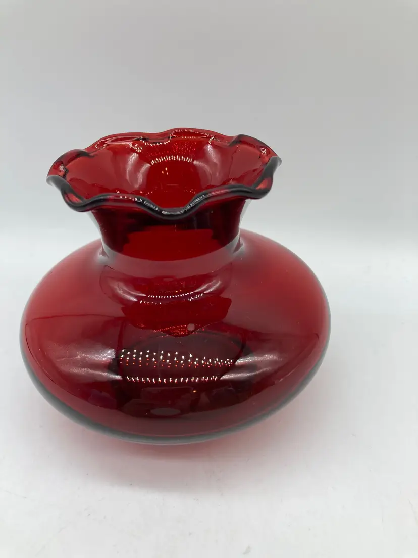 Anchor Hocking Royal Ruby glass vase bulbous shape ruffled crimped rim