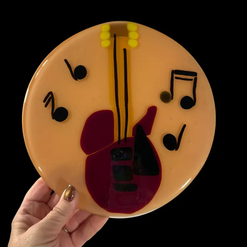 *read, Fused Glass Art Plaque w/ Guitar & Musical Notes Peach Color | 8”