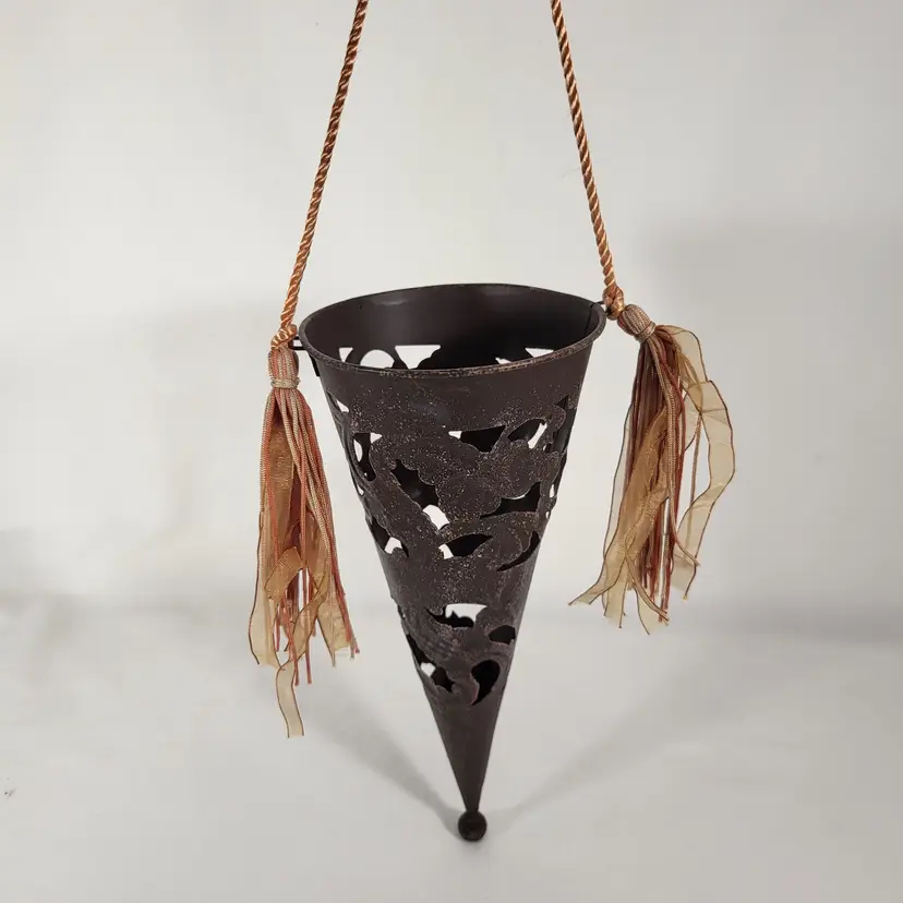 Vintage Metal Conical Hanging Wall Pocket 10.5" Scroll Design Cone Planter