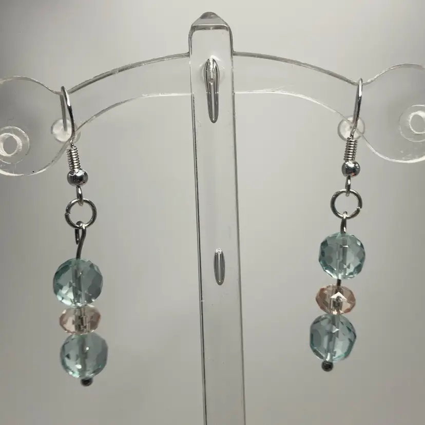 2” Drop Pink And Blue Faceted Bead Fishhook Earrings! 925 Sterling Silver Hooks! Acid Tested!