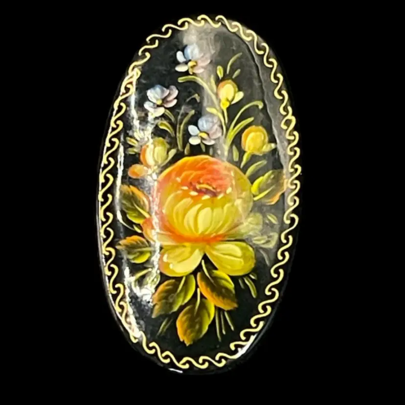 Vintage Russian Hand-painted and Lacquered Wooden Brooch