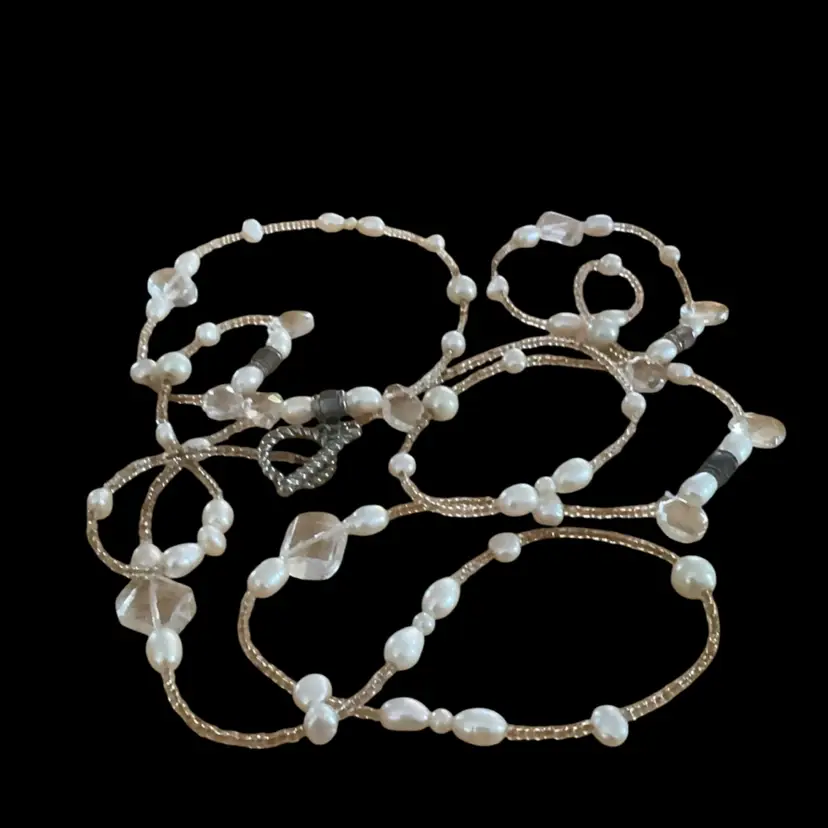 #37  Signed Mary Kay 52” Beaded White Faux Pearl & Clear Crystal Necklace Silvertone Toggle Closure