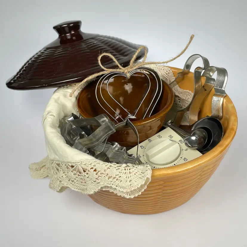 I ♥ BAKING Vintage Prairie Kitchen Basket Functional Decor Vignette: Cookie Cutters, Measuring Spoons, Embroidered Napkins, Timer