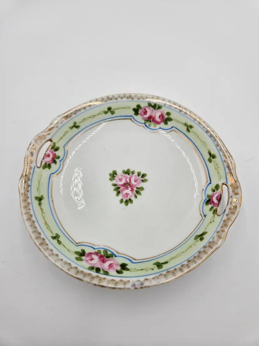 #D30 Nippon Hand Painted Roses and Green Trim Trinket Dish