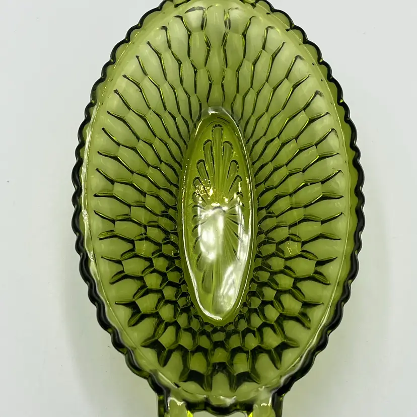 Indiana Glass Avocado Green Honeycomb Oval Pickle Dish