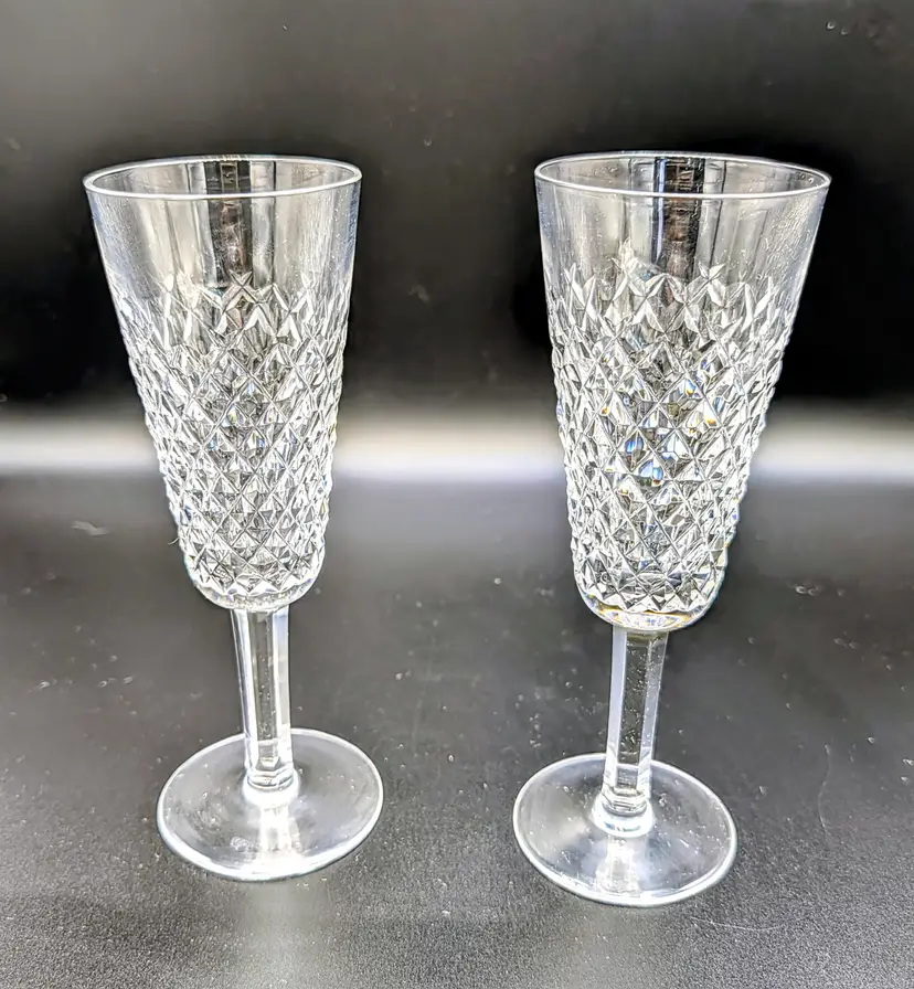 Waterford Alana Crystal Champagne Flutes Pair 7.5" Signed Ireland Vintage