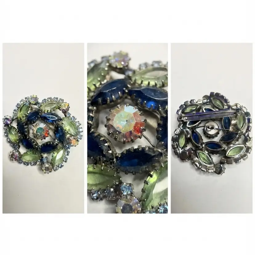 150. Vintage Blue & Green Rhinestone Cluster Brooch