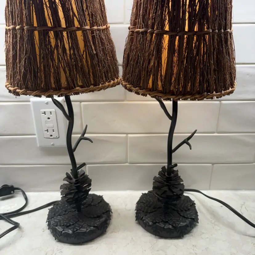 Vtg Pair Eddie Bauer Pine Cone Table Lamps Rust Twig Shades Lodge Cabin 2003