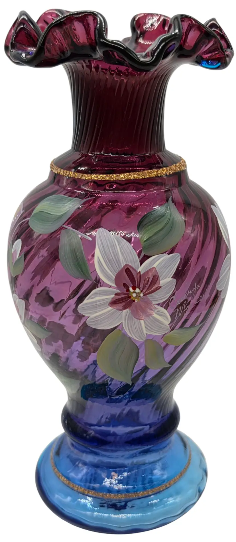 FENTON DECORATED MULBERRY VASE CHAIRMAN OF THE BOARD FLORAL BUTTERFLY SIGNED