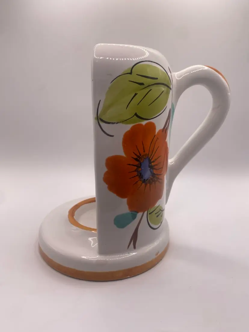 Vintage Italian Ceramic Wall Pocket Match Holder Hand Painted Orange Poppy