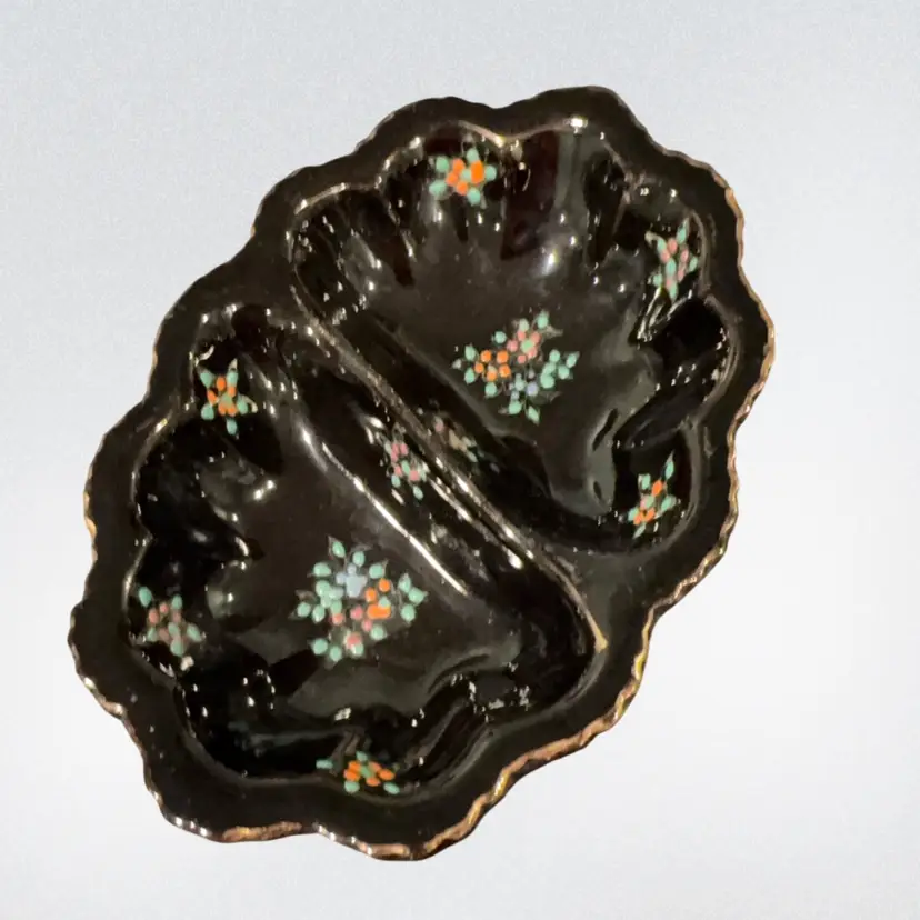 014 1970s Made in Japan Black Ceramic Painted Floral and Gold Scalloped Edge Divided Dish