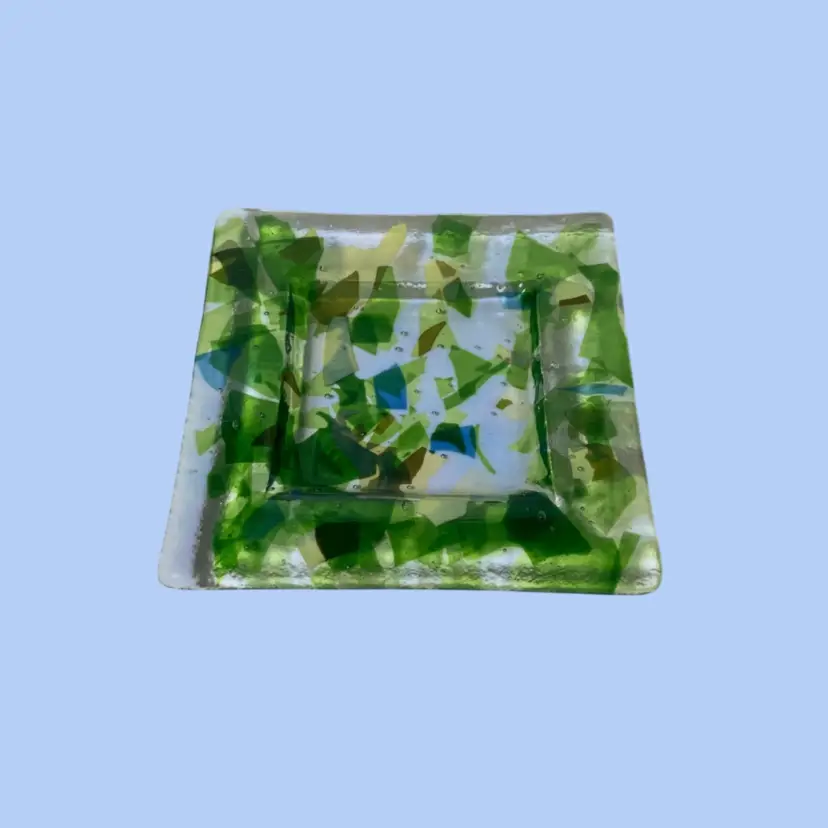 #094- Fused Glass Trinket Dish Square Handcrafted Blue & Green Confetti Design