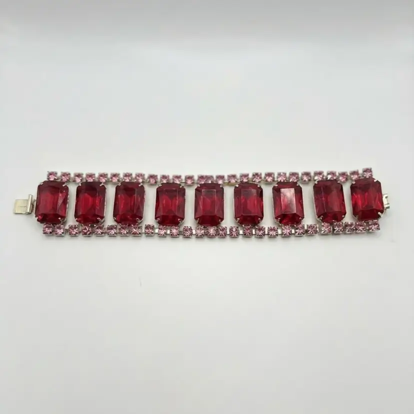140. Statement Red & Pink Glass Rhinestone Multi-Row Cuff Bracelet