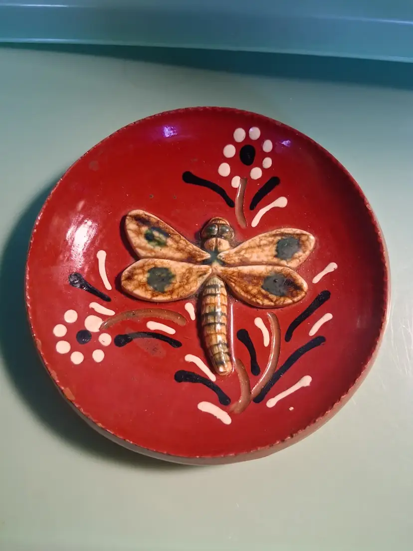 Nolde Forest Redware Hand-Painted Pottery 3-D Dragonfly Dish, Signed Muckey, Scarce