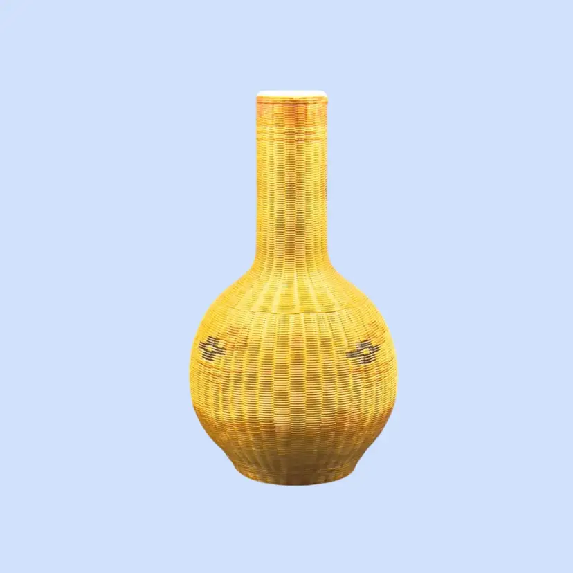 #044- 5” Vintage Vase Bamboo Woven Porcelain Wicker Rattan Asian MCM Tiki Boho Tiki Decor