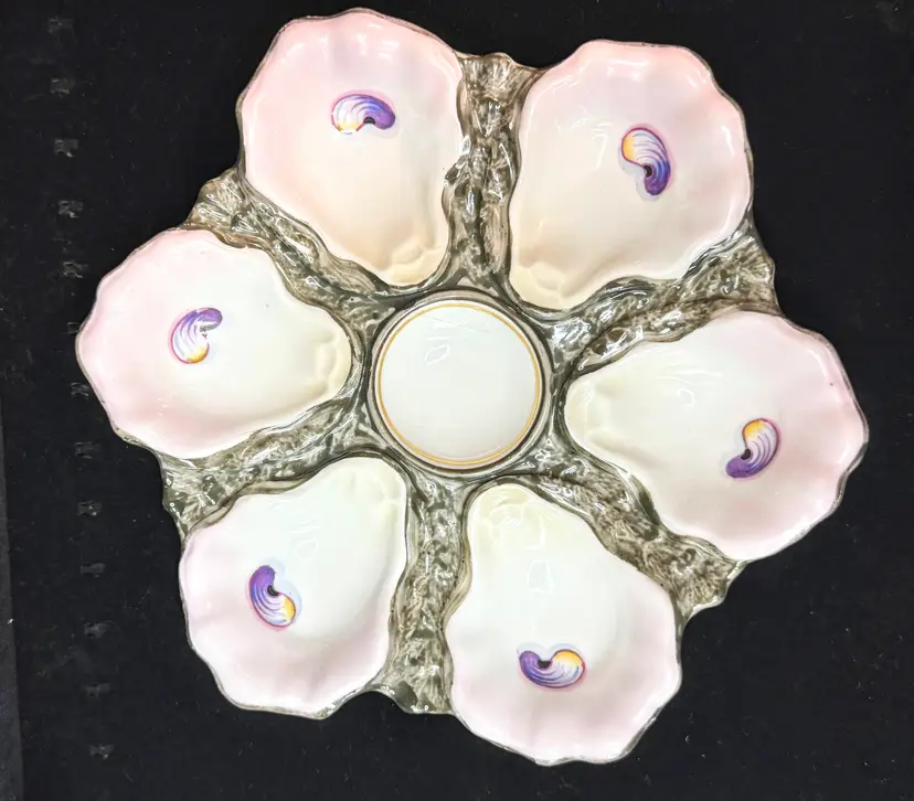 Antique French Porcelain 6-Well Oyster Plate Pink Shells c1890 A1239