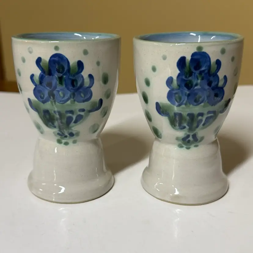 MA Hadley Pottery Egg Cups Blueberry Bouquet Hand Painted
