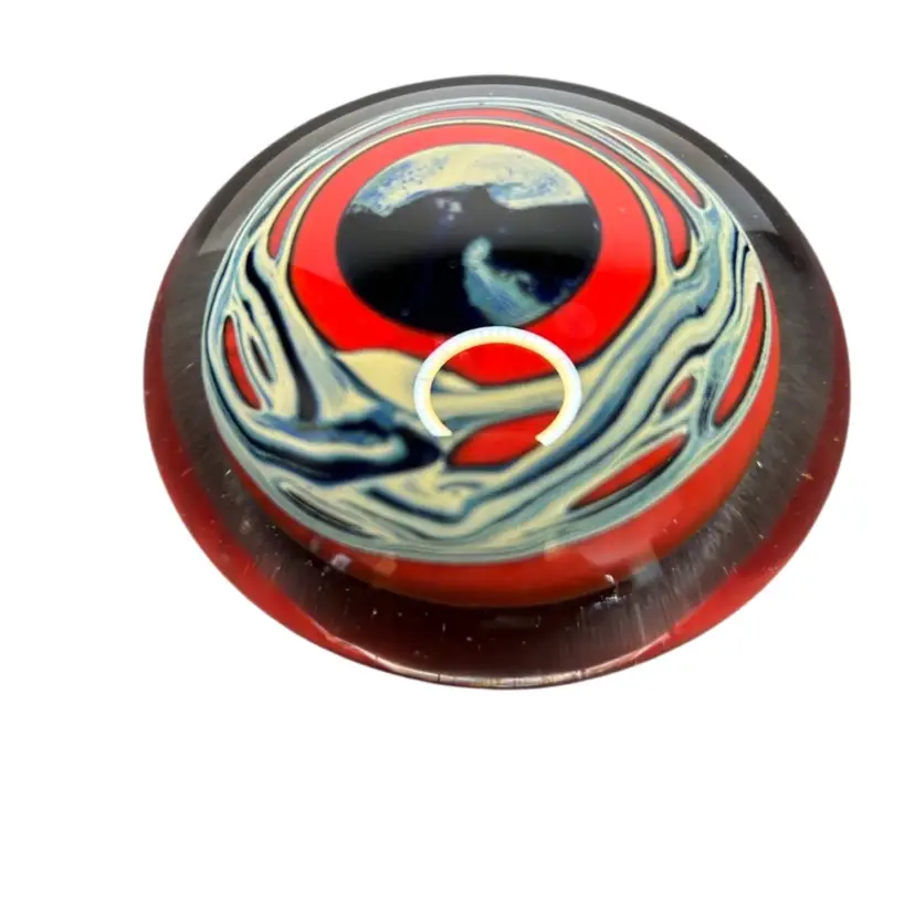 Vintage 1968 Signed Chris Heilman Abstract Red Blues And Grays One Faint Scratch On Top 3 1/4 “ Wide 1 1/2” Tall