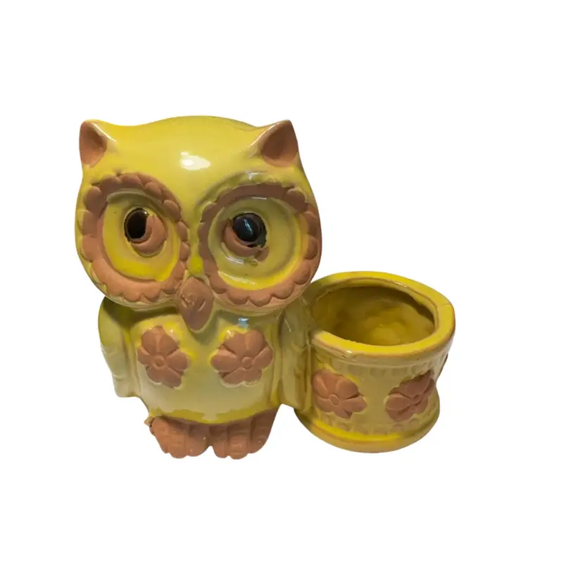 Vintage Chartreuse Glazed Red Clay Owl Toothpick Holder 4”