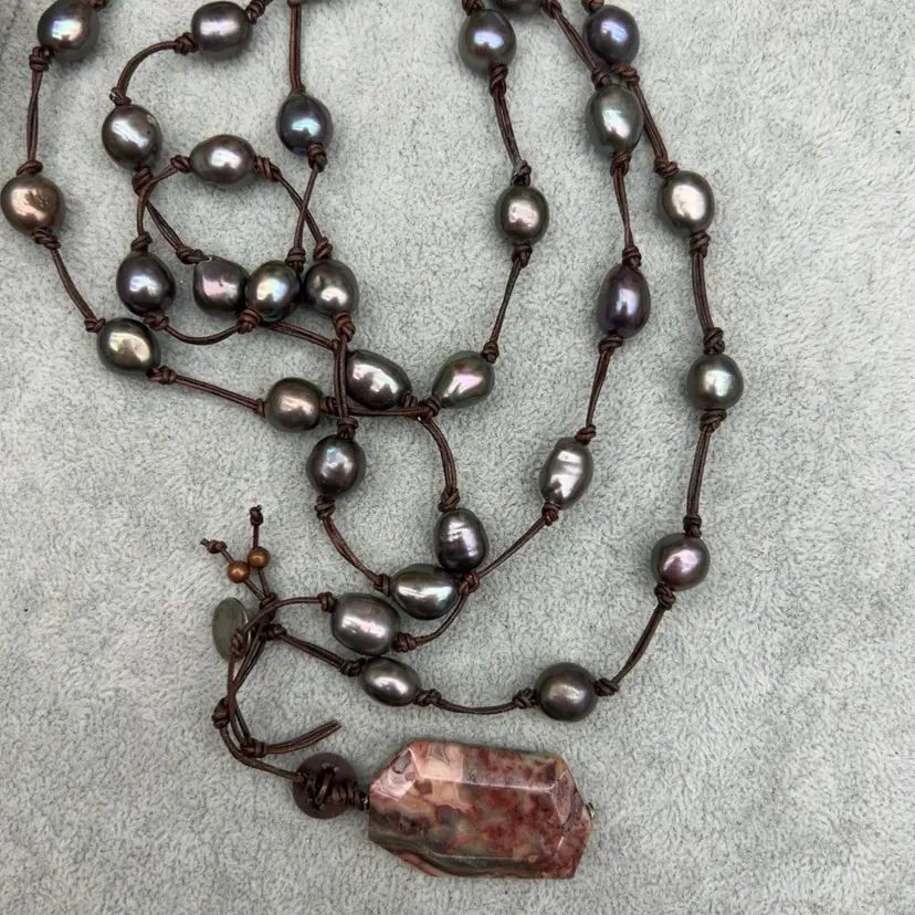 #01 Natural Black Freshwater Pearl & Crazy Lace Agate Leather Lariat Necklace 52” Artisan Boho
