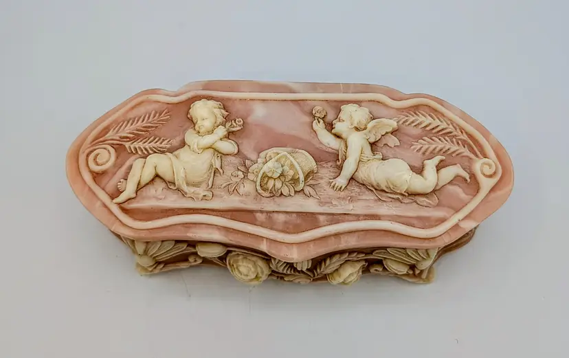 Vintage Incolay Stone Pink Cherub & Floral Jewelry Trinket Box USA