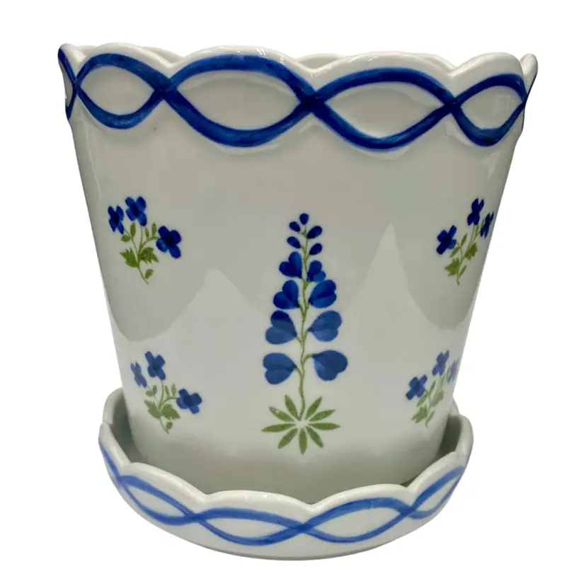 Vintage Andrea by Sadek Flower Pot & Underplate, Williamsburg Meadow Blue Lupine