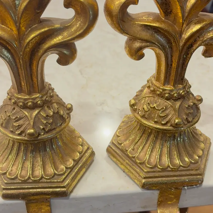 Vintage 2 Gold Fleur De Lis Christmas Stocking Holder Weighted Resin 7" Ornate