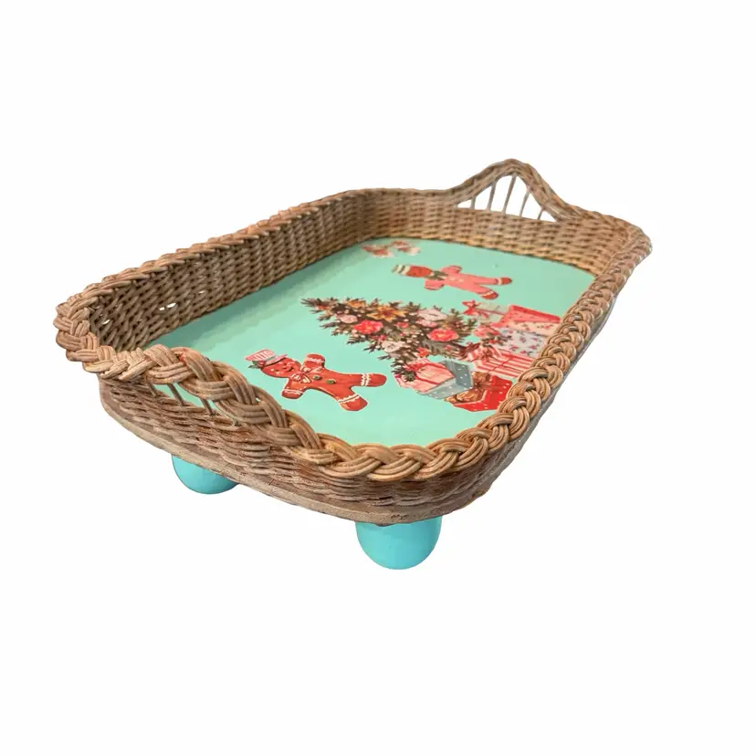 23 Vintage Upcycled Gingerbread Serving Tray, Wicker With Feet Christmas Decor