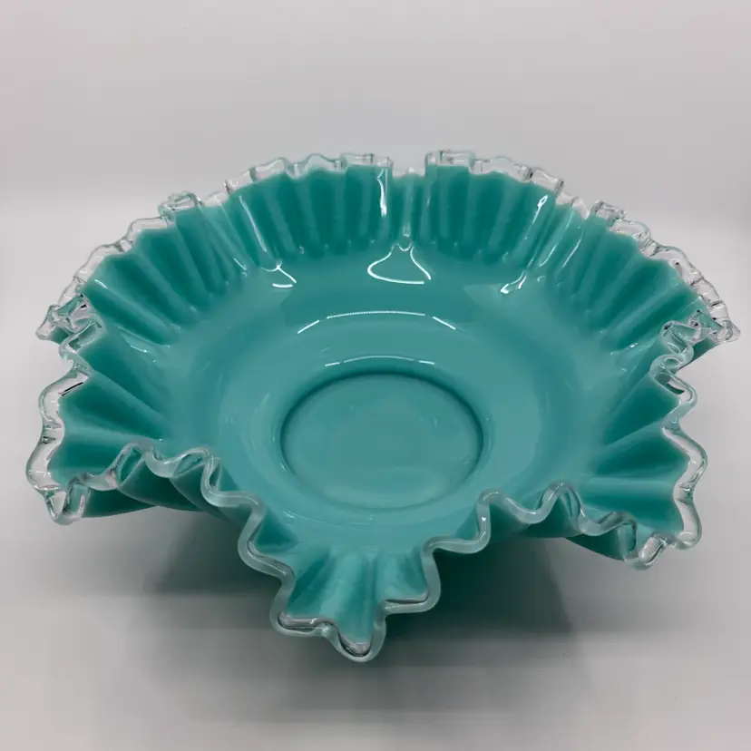 Vintage Large 1950s FENTON Silver crest ruffled Edge turquoise  13.25” Bowl