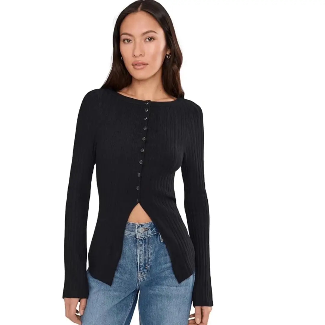 Free people Black Ribbed Button Up Cardigan Sweater