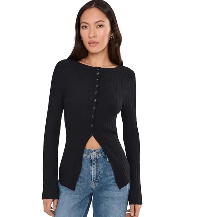 Free people Black Ribbed Button Up Cardigan Sweater