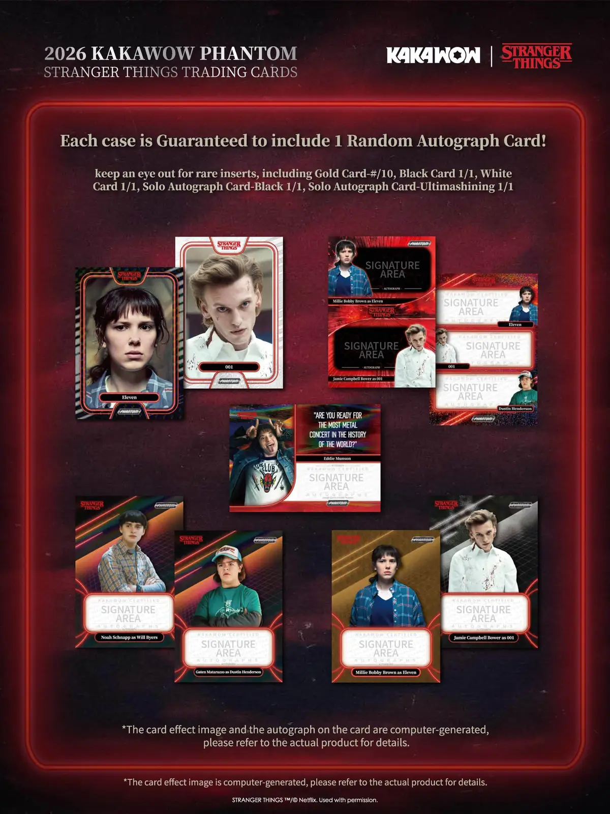 2026 Kakawow Phantom Stranger Things trading cards box and card showcase featuring the Upside Down Hawkins themed premium card set