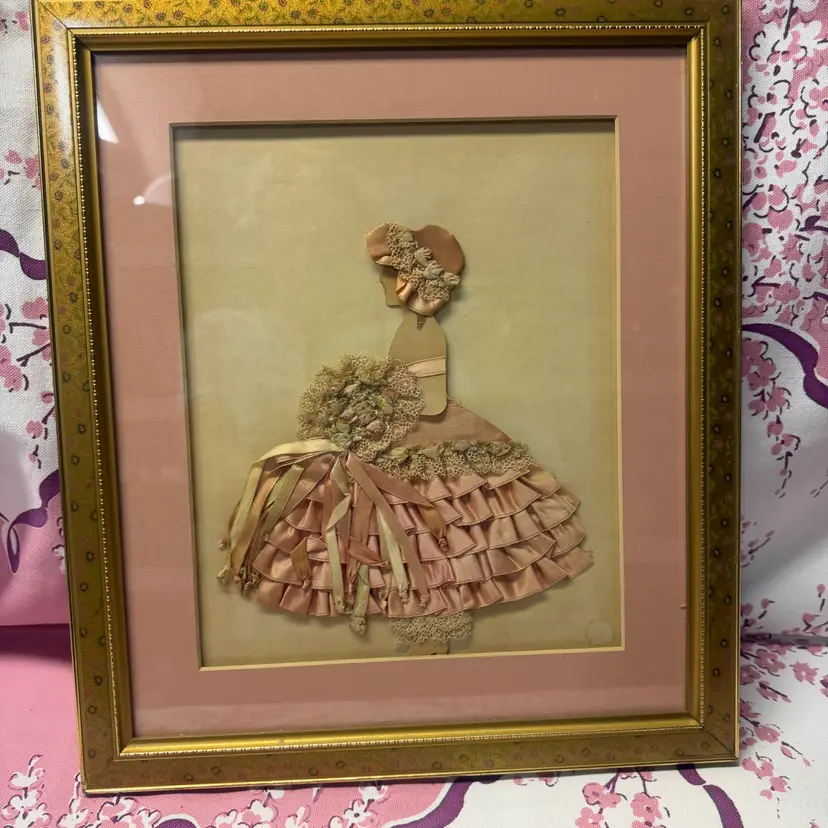 Vintage Floral Framed 1930s Peach Ribbon Doll Art: Framed Lace Pantaloon Paper Doll