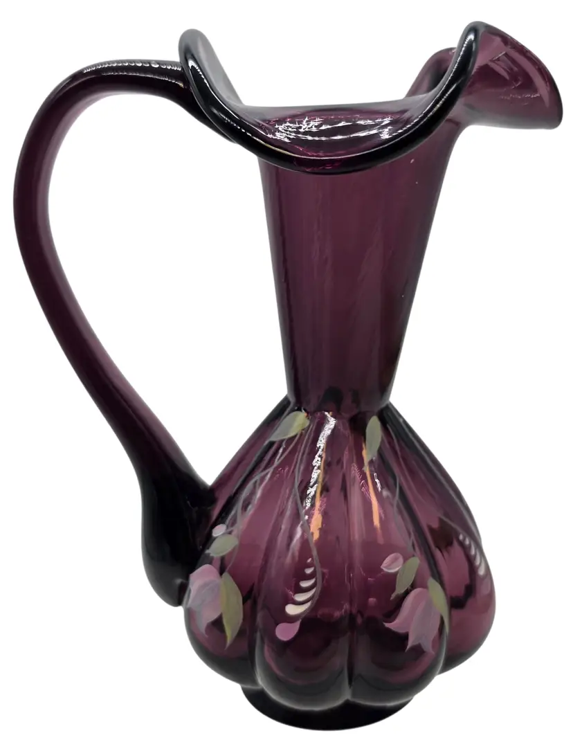 VINTAGE FENTON ROYAL PURPLE DECORATED EWER SIGNED 7" TALL