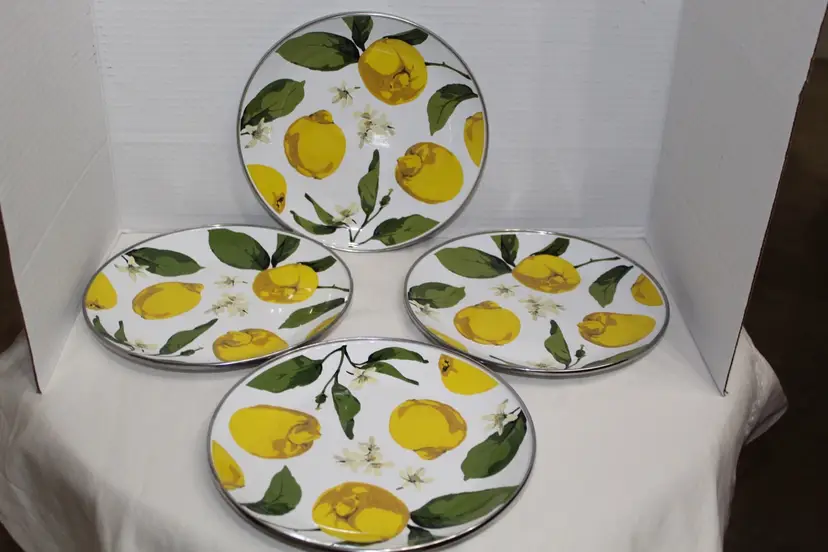 Pottery Barn Lemon Floral Enamelware Metal Rim Salad Dessert Plate Set 4 Picnic
