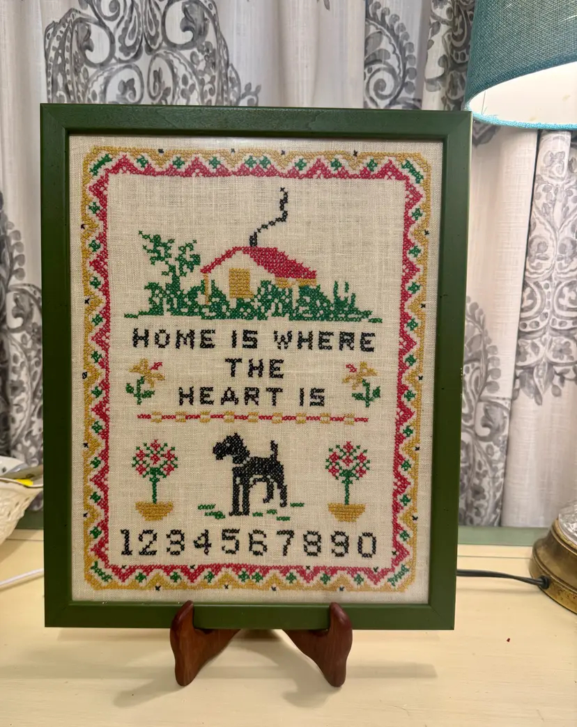 Vintage Framed Cross-Stitch Sampler - Home is Where the Heart Is (11.5x14 inches)