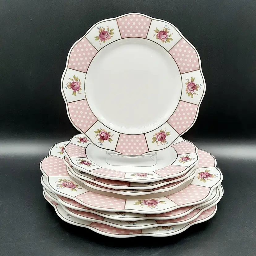 Grace Teaware Pink Polka Dot Rosebud Set of 4 Dinner Plates & 4 Salad Plates