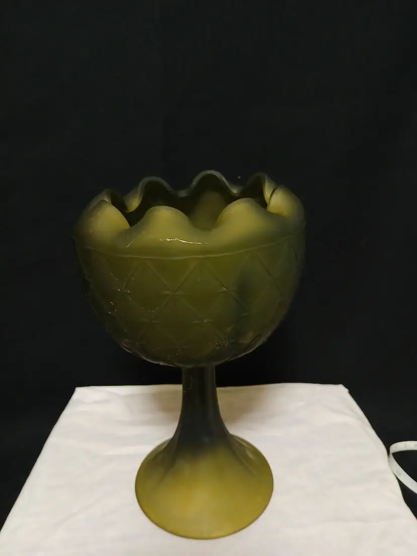 Indiana Green Satin Glass Footed Compote Bowl Quilted Diamond Pattern