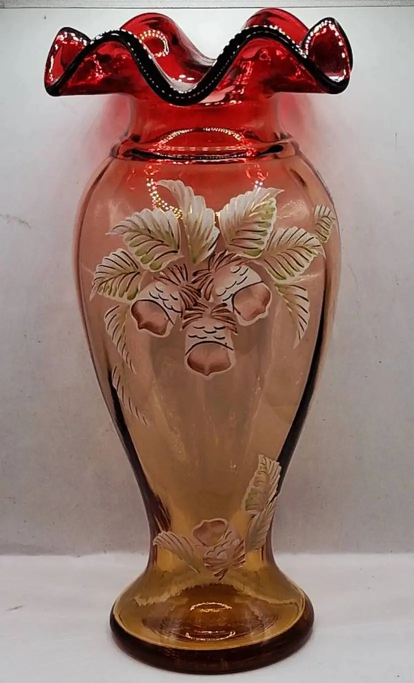 Fenton Art Glass Historic Collection 1999 Amberina Hand Painted Vase 1557/2500