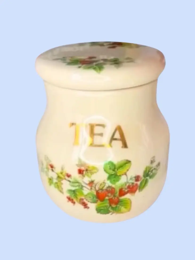 #298- Vintage Tea Canister Strawberry 5 1/2” Jar Kernewek GoonHavern Cornwall England