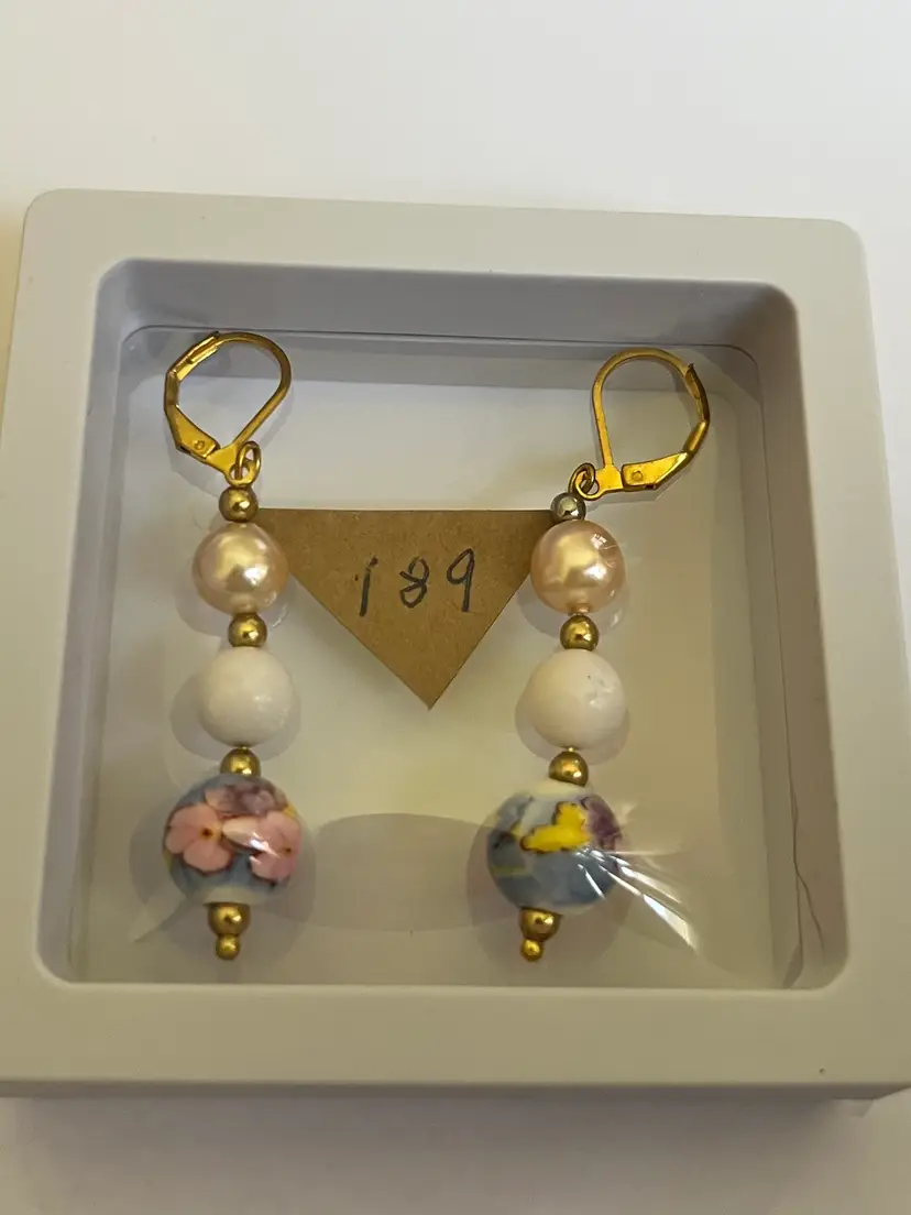 #189E Handcrafted Fresh Water Pearls & Ceramic Bead Earrings