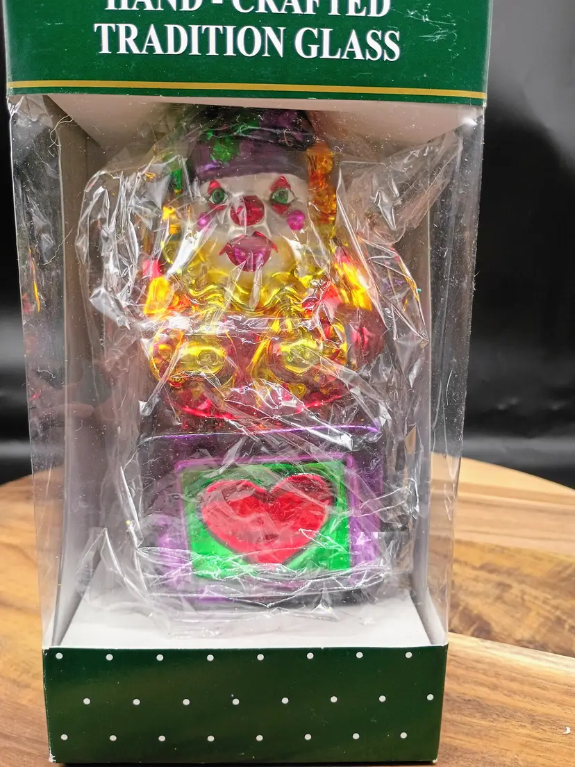 july 24 Blown Glass Jack in the Box Clown Ornament 6" New in Box