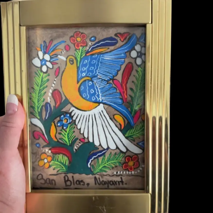 Mexico Amate Paper Handmade Handpainted GLOWS Bird Picture In Gold Frame 5x7